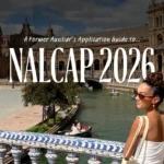 Journalist and travel blogger Jenzia Burgos stands on a tiled bridge at Plaza de España in Seville, Spain, looking back over her shoulder toward the camera. Overlaid text reads: ‘A Former Auxiliar’s Application Guide to NALCAP 2026.’