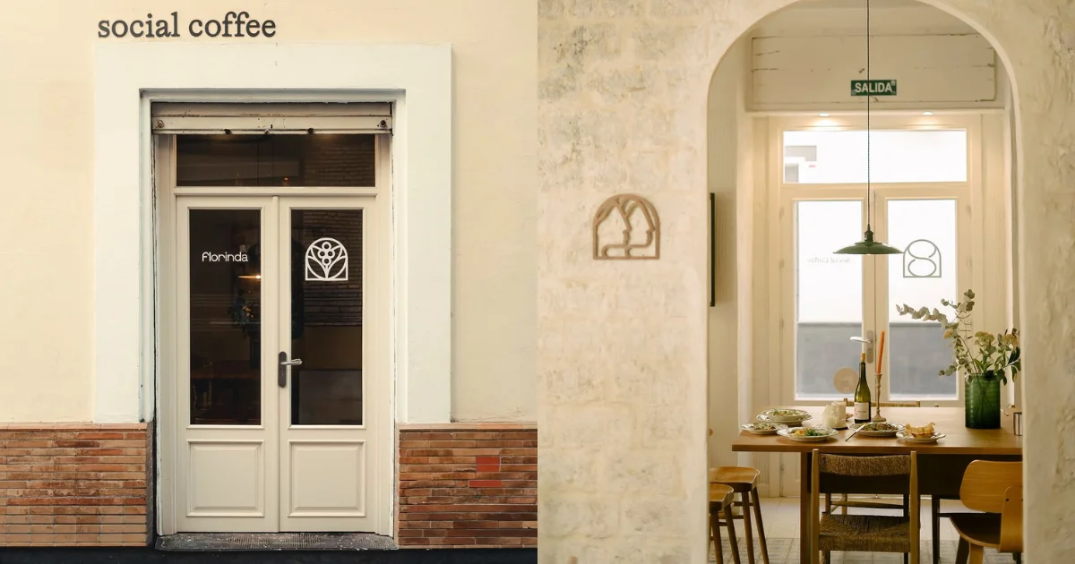 Exterior of Florinda Social Coffee showing a cream and brick facade with white double doors; right side reveals a serene arched interior with whitewashed walls, a wooden dining table set in the coworking space with food and wine, and soft natural light.