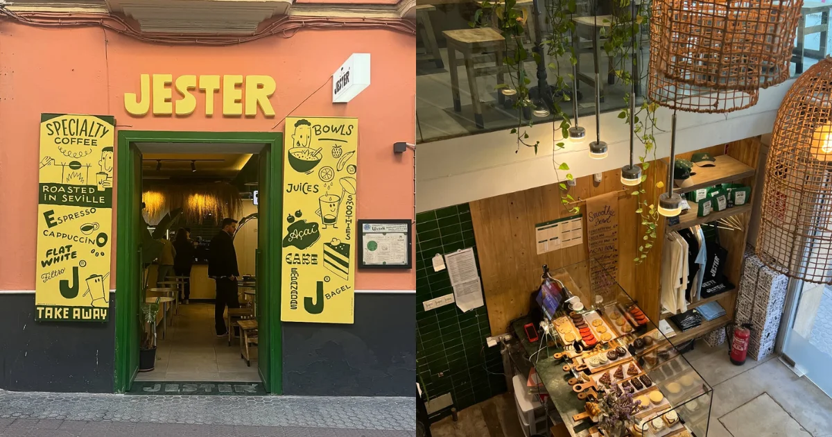 Exterior of Jester on a coral-painted building with bold yellow signage advertising specialty coffee roasted in Seville, espresso, flat white, bowls, and bagels; right side shows a two-level interior with green tile, rattan light fixtures, and a pastry display case.