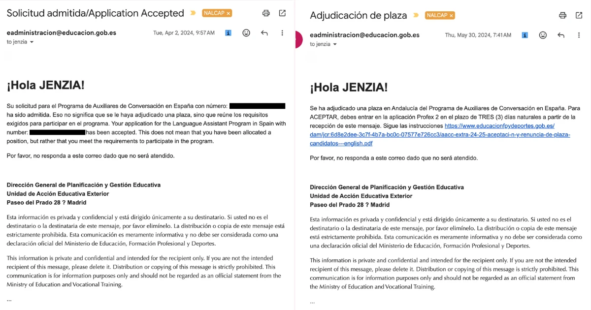 Screenshot of two official NALCAP emails from eadministracion@educacion.gob.es: left shows the Solicitud Admitida confirmation email dated April 2, 2024, confirming application requirements are met; right shows the Adjudicación de Plaza email dated May 30, 2024, confirming a placement in Andalucía