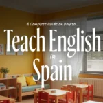 A sunlit elementary school classroom with yellow walls, small wooden tables, and children's artwork on the walls,featured image for a guide on how to teach English in Spain.
