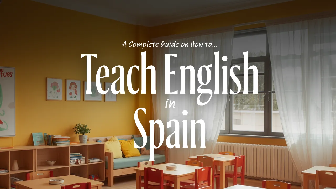 A sunlit elementary school classroom with yellow walls, small wooden tables, and children's artwork on the walls,featured image for a guide on how to teach English in Spain.