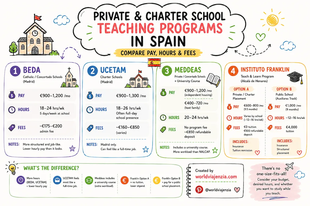 Colorful infographic titled “Private & Charter School Teaching Programs in Spain” comparing four programs: BEDA, UCETAM, Meddeas, and Instituto Franklin. Each section lists pay ranges, weekly teaching hours, fees, and notes about workload and structure, with a summary explaining key differences between programs.