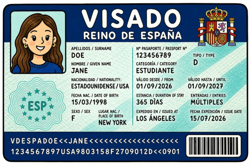 Illustration of a student visa to Spain.