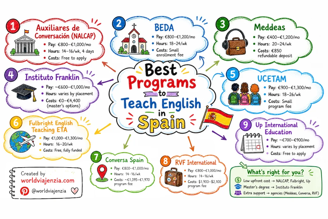 Infographic comparing the 9 best programs to teach English in Spain, including NALCAP, BEDA, Meddeas, Instituto Franklin, UCETAM, Fulbright ETA, Conversa Spain, RVF International, and Up International Education, with pay, hours, and costs for each.