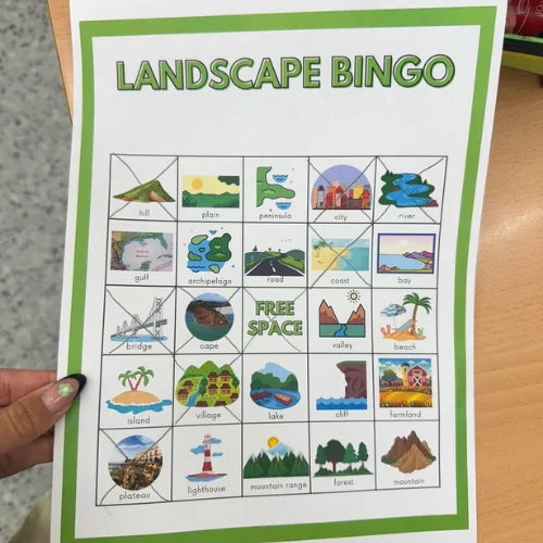 Landscape Bingo worksheet used to teach English vocabulary like island, mountain, coast, and valley in a Spanish classroom