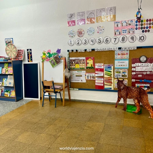 Colorful Spanish kindergarten classroom with alphabet and number displays, bulletin boards, and a cutout lynx decoration on the floor