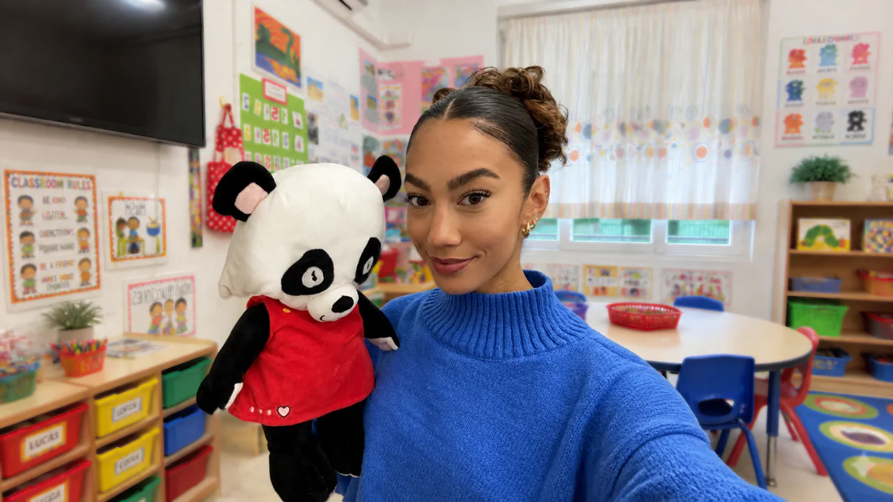 Jenzia posing with a panda puppet in her Spanish primary school classroom for a blog post on the honest reality of teaching English in Spain.