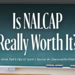 Chalkboard classroom with text overlay reading 'Is NALCAP Worth It? The Good, Bad & Ugly of Spain's Auxiliar de Conversación Program,' with erasers resting on the chalk tray below.