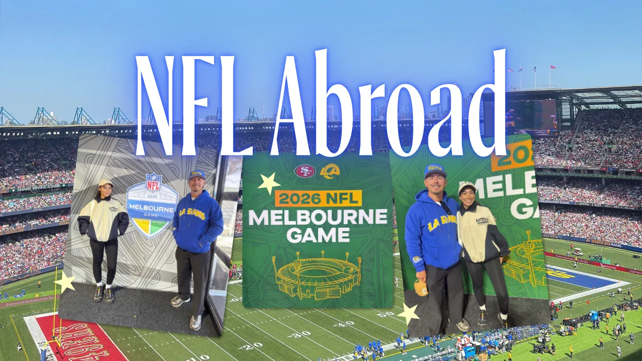 Collage of travel blogger and journalist Jenzia Burgos at the 2026 NFL Melbourne Game between the LA Rams and San Francisco 49ers, posing in Rams gear in front of "2026 NFL Melbourne Game" signage, with the packed stadium and football field in the background, text overlay reads "NFL Abroad."